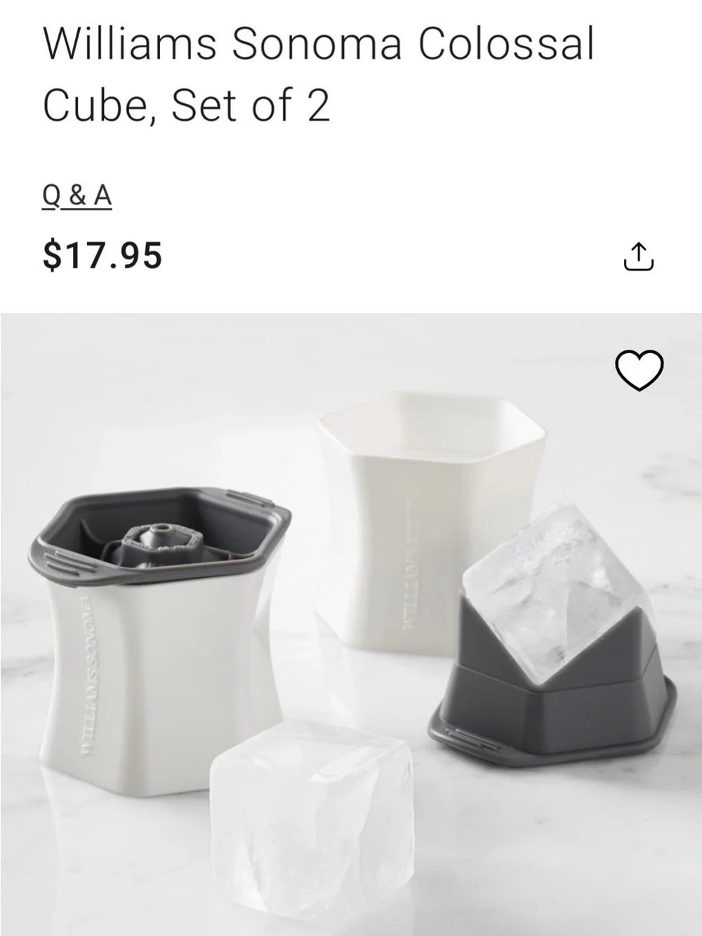 Williams Sonoma Colossal Cube Ice Cube Mold Set